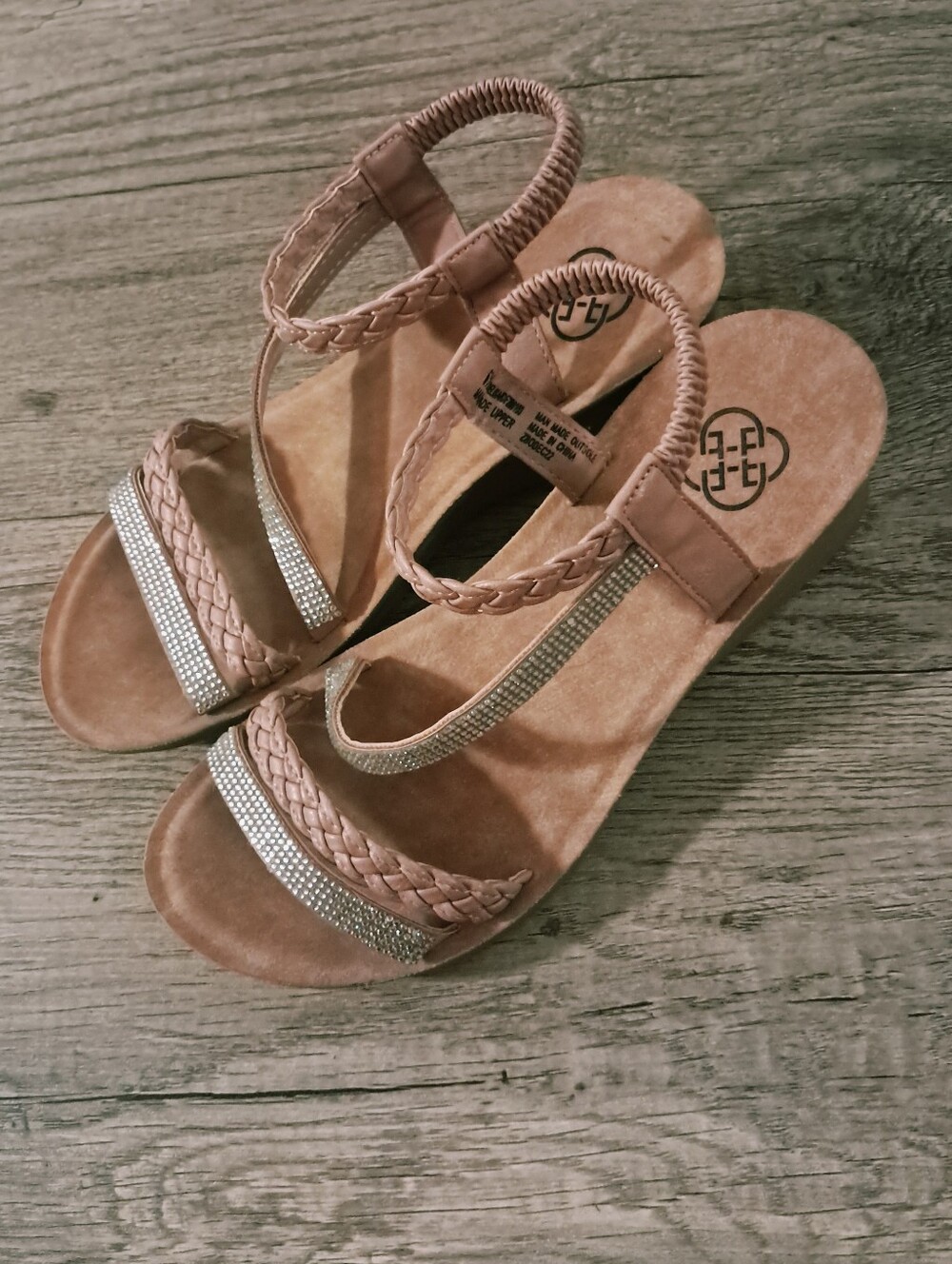 Daisy Fuentes Taupe Braided T-Strap Sandals with Rhinestone Accents
